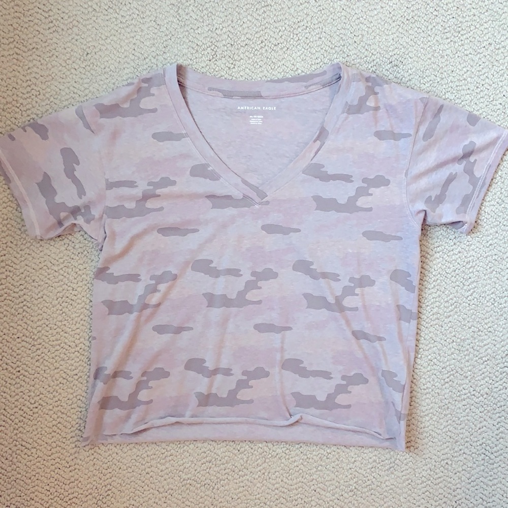 Cropped Pink Camo V Neck Tee Shirt